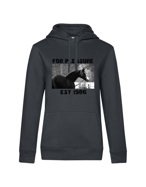 FOR PLEASURE 1986 WOMEN HOODIE | PERSONALIZE WITH YOUR OWN HORSE OR ANIMAL NAME, YEAR OF BIRTH AND PICTURE