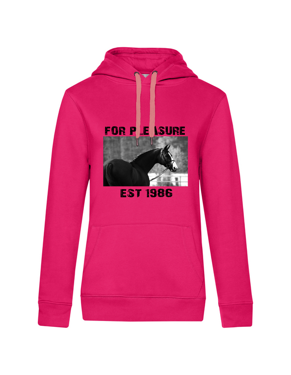 FOR PLEASURE 1986 WOMEN HOODIE | PERSONALIZE WITH YOUR OWN HORSE OR ANIMAL NAME, YEAR OF BIRTH AND PICTURE